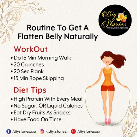 Work Out - Do 15 Min Morning Walk - 20 Crunches - 20 Sec Plank - 15 Min Rope Skipping Diet Tips - High Protein With Every Meal - No Sugar, OR Liquid Calories - Eat Dry Fruits As Snacks - Have Food On Time Sec Plank, Flatten Belly, Rope Skipping, Skipping Rope, Dry Fruits, Morning Walk, No Sugar, Natural Home Remedies, Dried Fruit