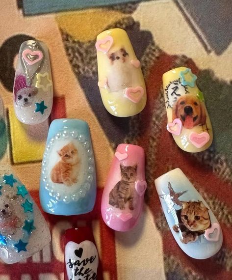 Cat Nail Stickers, Acrylic Nails Y2k, Angel Nails, Nails Y2k, Minimal Nails, Really Cute Nails, Soft Nails, Cat Nails, Kawaii Nails