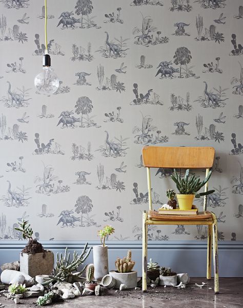 Dinosaur Toile Wallpaper. Dino Wallpaper in Grey, $ 100 per roll from The Pattern Collective. Dino Wallpaper, Wallpaper Colour, Dinosaur Nursery Decor, Kindergarten Wallpaper, Woodland Wallpaper, Dinosaur Wallpaper, Dinosaur Nursery, Cosy Home, Nursery Wallpaper