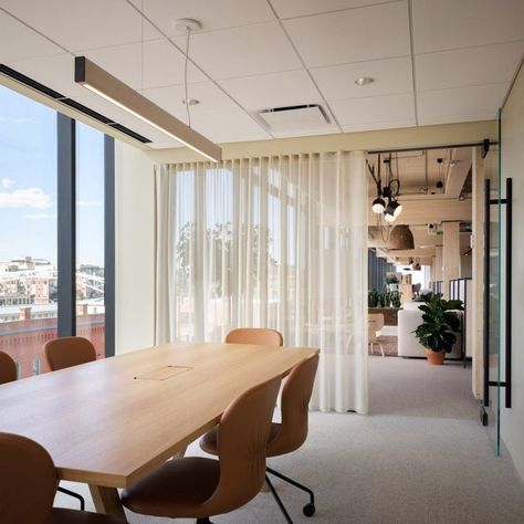 Office Curtains, Office Meeting Room, Timber Beams, Interesting Buildings, Comfy Sofa, House Inside, Office Workspace, Office Interior Design, Commercial Design