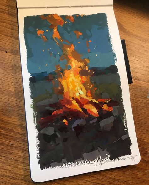 Gouache Painting Digital, Gouache Night Sky, Sky Gouache Painting, Fire Gouache, Gouache Art Ideas, Gouache Art Inspiration, Gouache Painting Ideas, Gouache Sketchbook, Flame Painting