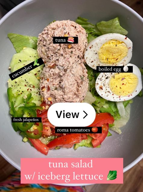 Lemon8 · healthy low calorie w/ protein snack  · @LiRosie Shardae Low Calorie Tuna Salad, Tuna And Egg, Healthy Low Calorie, Protein Snack, Iceberg Lettuce, Roma Tomatoes, Tuna Salad, Eating Recipes, Healthy Eating Recipes