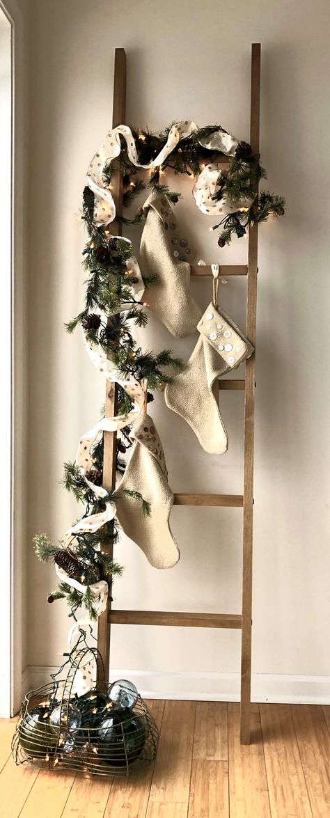 Blanket Ladder Christmas Decor, Stockings On Ladder, Ladder Christmas Decor, Blanket Ladder, Stockings, Christmas Decorations, Christmas