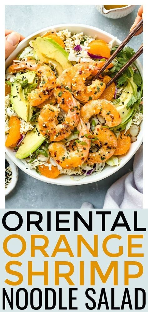 Healthy Orange Shrimp Ramen Noodle Salad - Sticky, sweet and citrusy skinny orange shrimp served over an easy oriental pasta salad packed with ramen noodles, coleslaw, mandarin oranges and avocados.  This easy to make Chinese shrimp noodle salad is light, refreshing, full of flavor and sure to become a family favorite! #healthy #shrimp #Asian #salad #recipe  via @nospoonn Shrimp Noodle Salad, Shrimp Asian, Asian Ramen Noodle Salad, Orange Shrimp, Chinese Shrimp, Shrimp Ramen, Asian Noodle Salad, Ramen Salad, Ramen Noodle Salad