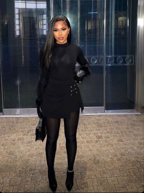 London Classy Outfit, Designer Work Outfits Women, Winter Brunch Outfit Black Women Classy, Valentines Outfits For Women Dates, All Black Dinner Outfit Classy, Girls Dinner Outfit Black Woman, All Black Classy Outfits For Women, Classy Valentines Day Outfit, Black Dress With Pantyhose Outfits