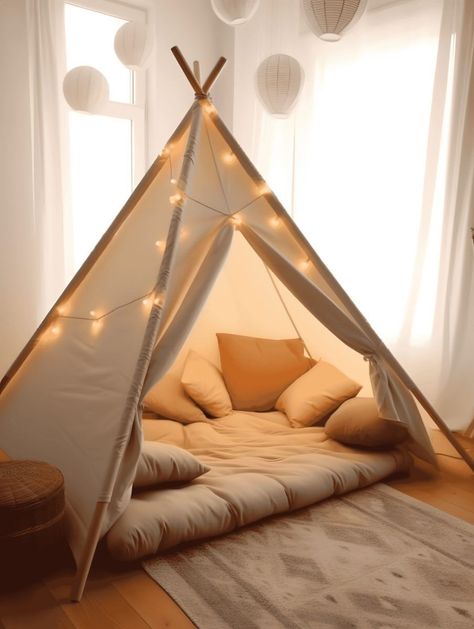 Princess Palace Retreat: Craft a regal tent room with a canopy bed, crystal chandeliers, and a vanity fit for a princess. Blanket Tent For Kids, Playroom Teepee Ideas, Tent In Room, Room Tent Ideas, Tent In Bedroom, Bed Tent Diy, Kids Tent Bed, Tent House Decoration, Reading Tent For Kids