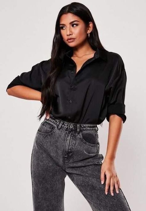 Satin Shirt Outfit Jeans, Oversized Satin Shirt, Black Satin Shirt, Winter Tops For Women, Satin Noir, Boys Summer Outfits, Satin Blouses, Fancy Blouse Designs, Pencil Skirt Black