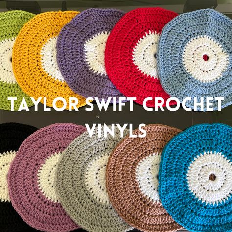 Handmade Taylor Swift crochet vinyls!!! Perfect for use as a coaster or a collectible for vinyl collectors. Handmade in London, by a small business. Perfect for the music lover in your life. #crochet #crochetvinyl #crochetsmallbusiness #crochetmusic #vinylcollector #recordcollectors #crochetgifts #customvinyl #crochetpresent #taylorswift #taylorswiftvinyls #taylorswiftcrochet #taylorswiftmusic #taylorswiftrecords #midnights #folklore #evermore Taylor Swift Coasters, Taylor Swift Crochet Ideas, Taylor Swift Crochet Pattern, Taylor Swift Inspired Crochet, Vinyl Crochet, Crochet Vinyl, Crochet Taylor Swift, Taylor Swift Crochet, Crochet Music