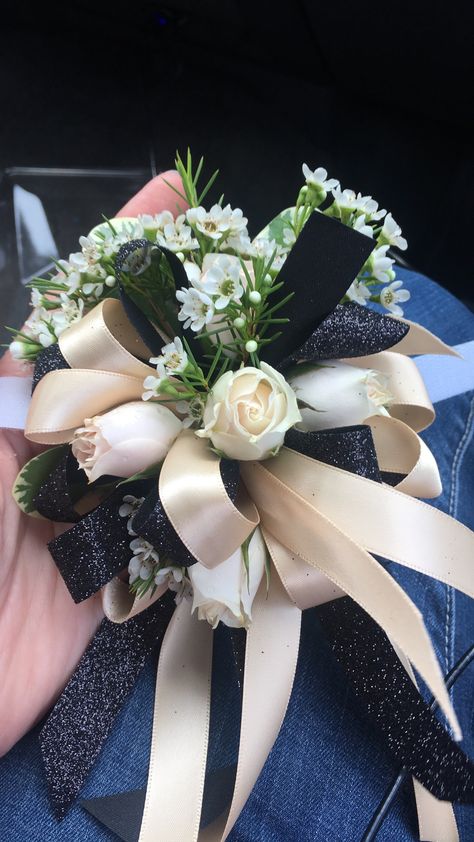 Corsage For Black Dress, Champagne Colored Prom Dresses, Prom 2k23, Black Corsage, Homecoming 2024, Prom 23, Prom Bouquet, Military Ball Gowns, Flower Prom Dress