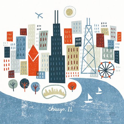 Chicago, IL Illustration by Michael Mullan Chicago Illustration, Chicago Skyline Art, Chicago Art Print, Chicago Wall Art, Dorm Art, College Aesthetic, Chicago Art, My Kind Of Town, Chicago Skyline