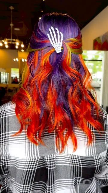 Halloween Haircolor, Orange And Purple Hair, Purple And Green Hair, Blue Purple Hair, Red Orange Hair, Vivid Hair, Pulp Riot Hair Color, Fire Hair, Pulp Riot Hair