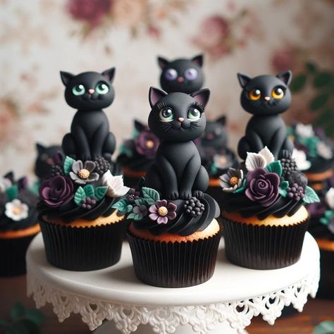 Black Cat Birthday Cake, Black Cat Cake, Cat Cupcakes Ideas, Black Cat Cupcakes, Kitten Cake, Birthday Cake For Cat, Cat Cupcakes, Amazing Food Decoration, Creative Cake Decorating