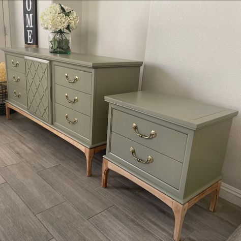 Sage Nightstand Bedroom, Dresser Nightstand Ideas, Credenza Bedroom, Boho Furniture Makeover, Green Tv Stand, Repainted Dresser, Entryway Dresser, Credenza Tv, Dresser Tv