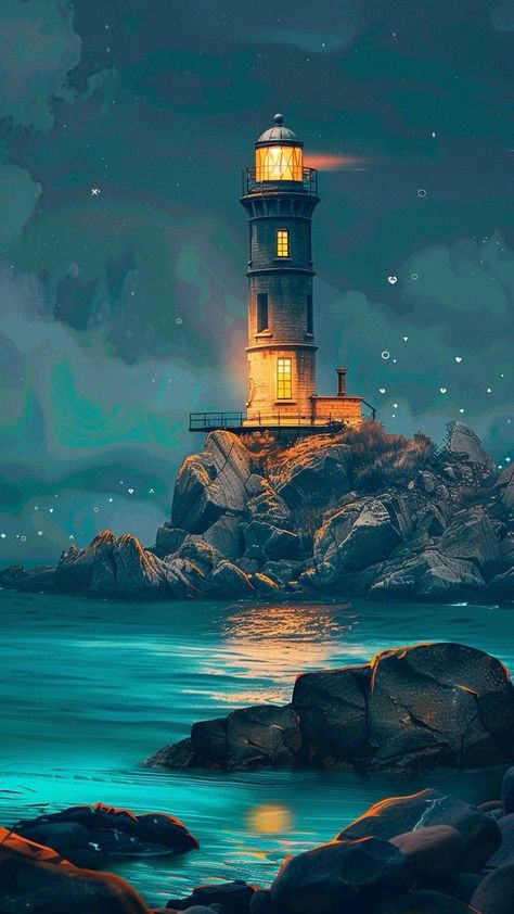 Light House Art, Lighthouse Background, Dreamy Night Sky, Lighthouse At Night, Lighthouse Island, Ocean Lighthouse, Sea Scenery, Dreamy Night, Lighthouse Lighting