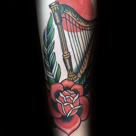 60 Harp Tattoo Designs For Men - Musical Instrument Ink Ideas American Traditional Harp Tattoo, Mason Tattoo, Harp Tattoo, Tattoo Designs For Men, Symbols And Meanings, Tattoo Flash Art, Ink Ideas, Flash Art, Tattoo Flash