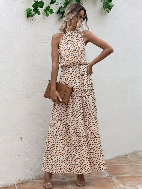 Allover Print Layered Hem Belted Halter Dress | SHEIN USA Halter Tie Dress, Tied Dress, Vintage Boho Dress, Tie Neck Dress, Dresses 2020, Vestidos Vintage, Halter Maxi Dresses, Daily Dress, Cream Dress