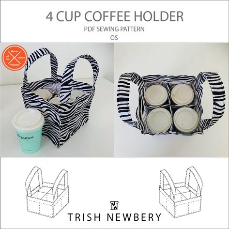 "The eco-friendly way to drink your morning brew. A reusable, washable coffee cup tote bag. This pattern is for a woven fabric 4 cup tote bag for your takeaway coffee - whether you drink, Expresso, Cappuchino, Latte, Frappuchino or Americano, big or small - or in sizes short tall, grande, or venti, this coffee holder will help to take it away in style, and be easy on the environment. Details: - French seams for added reinforcement  - 4 large cup size - Handles - Fast sewing project Construction: Bag Insert Sewing Pattern, Sew Cup Holder, Cup Holder Sewing Pattern, Coffee Cup Carrier Pattern, Fabric Cup Holder, Gifts To Sew For Friends, Coffee Cup Carrier, Diy Coffee Sleeve, Fat Quarter Sewing Projects