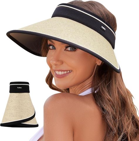 Amazon.com: PuTian Sun Visor Hats for Women Wide Brim Ponytail Straw Summer Hat Adjustable Foldable Beach Cap Top Open UPF50+ UV Protection, Light Beige Sun Visor Hat, Sun Hats For Women, Visor Hats, Summer Hat, Head Accessories, Sun Visor, Diy Dress, Summer Hats, Wide Brimmed