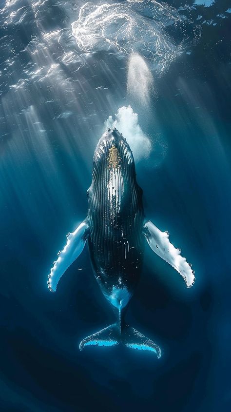 Majestic Whale Breach: A magnificent humpback whale breaches the ocean's surface with an ethereal spray of water around. #whale #ocean #majestic #humpback #nature #aiart #aiphoto #stockcake ⬇️ Download and 📝 Prompt 👉 https://ayr.app/l/AMBf Whales And Dolphins, Humpback Whale Aesthetic, Whales Aesthetic, Whale Photography, Whale Underwater, Whale Photo, Whale Breaching, Sea Life Painting, Shark Whale