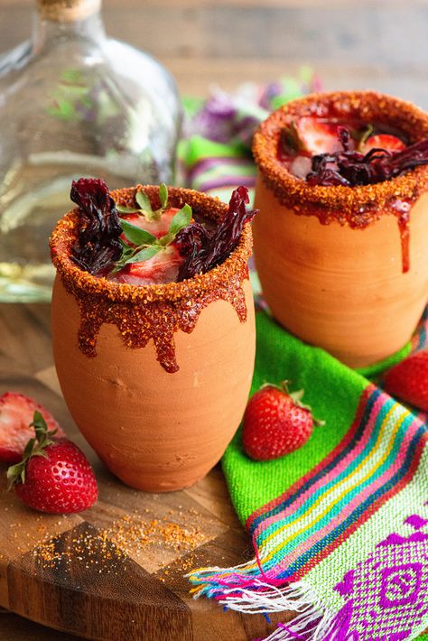 Hibiscus and Strawberry Jarritos - Nibbles and Feasts Tajin And Chamoy, Cocktails With Tequila, Sliced Strawberry, Strawberry Tequila, Make Cocktails, Dried Hibiscus Flowers, Three Day Weekend, Fruit Toppings, Sour Cocktail