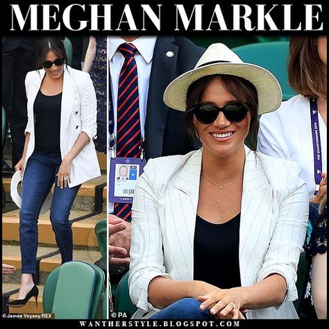 Meghan Markle Tennis, White Pinstripe Blazer Outfit, Megan Markle Wimbledon, Meghan Markle Hat Style, Megan Markle Hat Style, White Linen Blazer Outfit, Megan Markle Baseball Cap, Pinstripe Blazer Outfit, Cricket Outfits