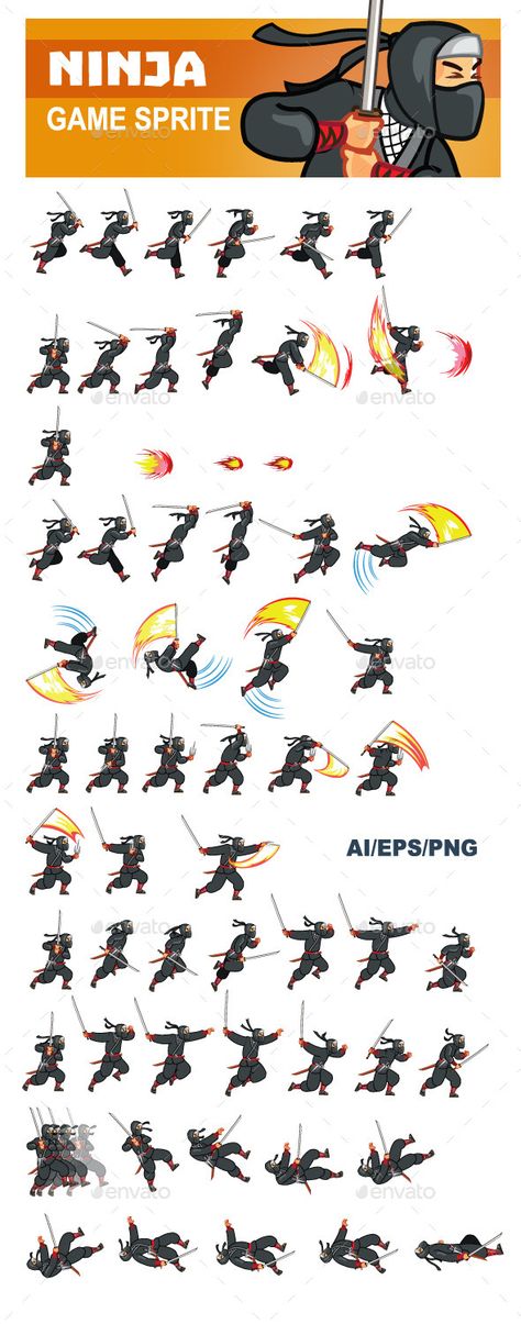 Ninja Game Sprite is designed for 2D side scrolling adventure, fight or runner game. The actions include running, jumping up, jump Sprite Animation Character, 2d Game Character Sprites, Runner Character Design, Game Sprites Character, Edit Assets, Ninja Running, Sprite Character, 2d Sprite, Sprite Animation