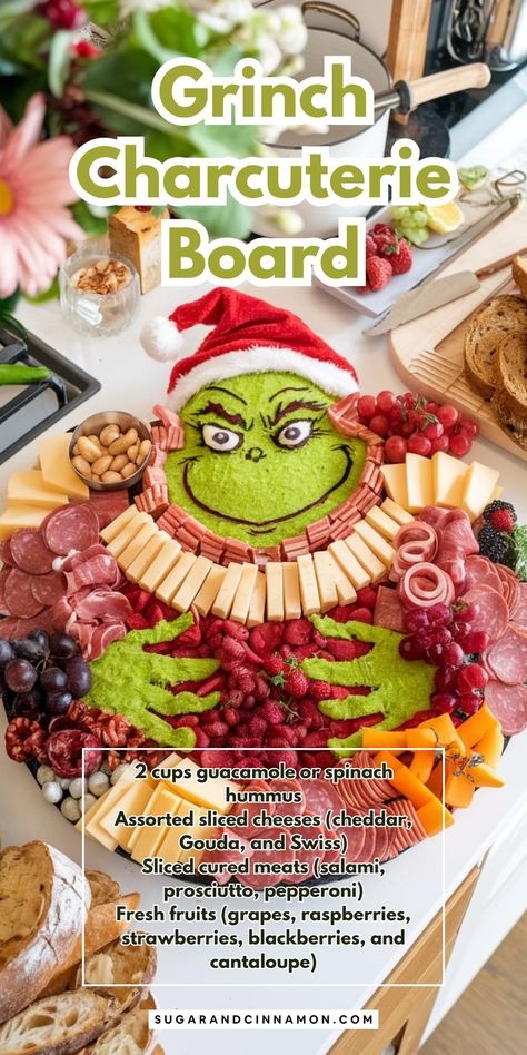 Grinch Charcuterie Board Grinch Cheese Board, Grinch Charcuterie Board Ideas, Grinchmas Brunch, Grinch Fruit Tray, Snowman Charcuterie Board, Grinch Charcuterie, Grinch Charcuterie Board, Unique Christmas Cookies, Cocktail Cupcakes