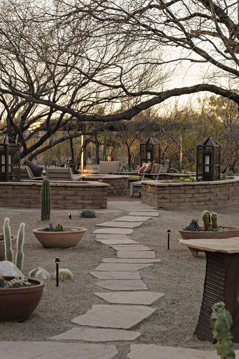 Desert Landscaping Fire Pit, Tucson Landscaping Ideas, Az Backyard Ideas, Sedona House, Courtyard Inspiration, Desert Landscaping Backyard, Desert Backyard, Shed Landscaping, Arizona Backyard