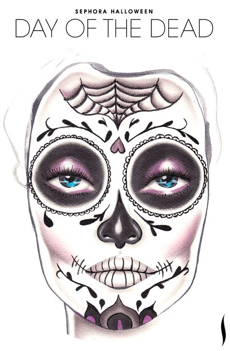 Need a Halloween look? Get inspiration from the Day of the Dead face chart created by our talented Sephora artists. Halloween Schminke, Halloween Costume Couple, Halloween Ideias, Halloween Makeup Sugar Skull, Day Of The Dead Makeup, Makeup Products Sephora, Halloweenský Makeup, Halloween Make-up Looks, Dead Makeup