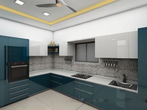 Matte Black Cabinets, L Shaped Kitchen Interior, Blue Kitchen Interior, White Kitchen Interior Design, L Shaped Modular Kitchen, Modular Kitchen Ideas, Tiny Kitchen Design, Countertop Ideas, Teal Kitchen