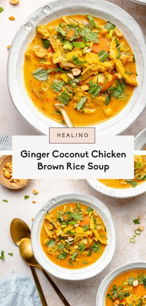 Healing ginger chicken soup packed with feel-good ingredients like fresh ginger and turmeric, plus a lovely creaminess from coconut milk. This nourishing, one pot coconut chicken and rice soup has a boost of whole grains from brown rice and is delicious topped with fresh garnishes! A wonderful meal for colder months. #soup #chickensoup #healthydinner #healthylunch #glutenfree #dairyfree Chicken Brown Rice Soup, Brown Rice Soup, Best Chicken Soup Recipe, Ginger Chicken Soup, Chicken Brown Rice, Healing Soup, Coconut Ginger, Chicken Rice Soup, Chicken And Brown Rice