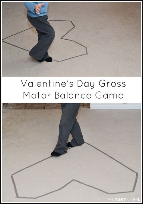 Low prep Valentine's Day gross motor boredom buster for kids from And Next Comes L Valentines Idea, Balance Game, Boredom Busters For Kids, Gross Motor Activity, February Activity, Gross Motor Activities, Conversation Heart, Preschool Valentines, February Valentines