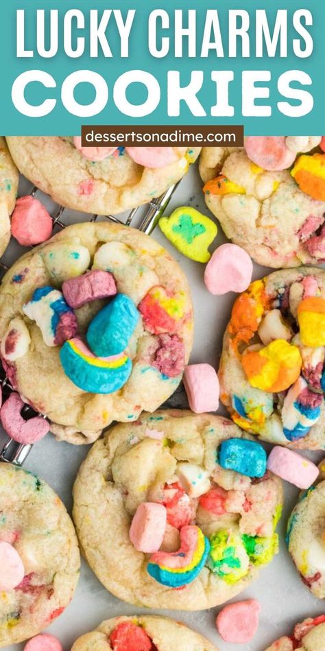 Lucky Charms Cookies, Lucky Charms Treats, Cookie Recipe Video, St Patrick's Day Cookies, Cereal Cookies, Lucky Charms Marshmallows, Lucky Charms Cereal, Marshmallow Cookies, Crazy Cookies