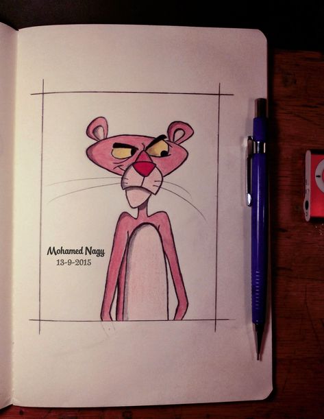 Pink Panther Drawing Easy, Pink Panther Sketch, Mini Drawings Sketches, Pink Panther Painting, Pink Panther Drawing, Sketch Markers Drawing, Coloured Sketches, Cool Art Reference, Panther Drawing