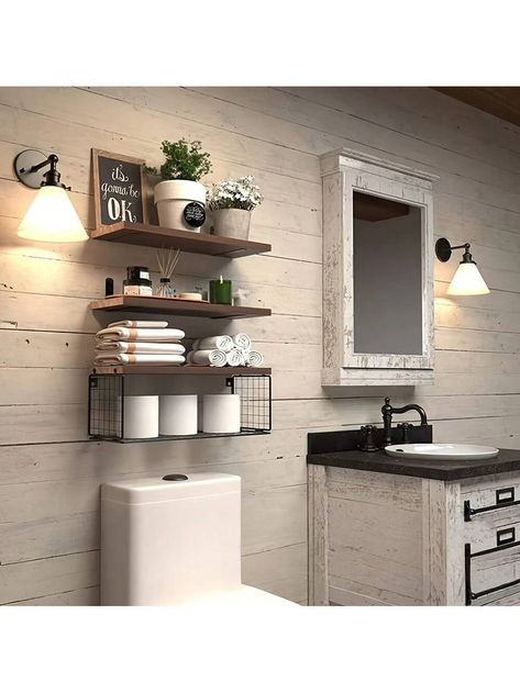 1 Set  Collar  Iron   Embellished   Storage & Organization Float Shelf, Bathroom Wood Shelves, Over Toilet Storage, Shelves Over Toilet, Bathroom Shelves Over Toilet, Wood Wall Bathroom, Floating Shelves Bathroom, Wooden Floating Shelves, Over Toilet