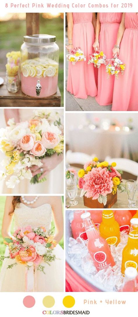 Sherbet Wedding Colors, Coral Pink And Yellow Wedding, Pink Yellow White Wedding, Yellow And Blush Wedding, Pastel Yellow And Pink Wedding, Pink Yellow Wedding Theme, Pink Yellow And Orange Wedding, Spring Wedding Themes Colors, Pink And Sunflower Wedding