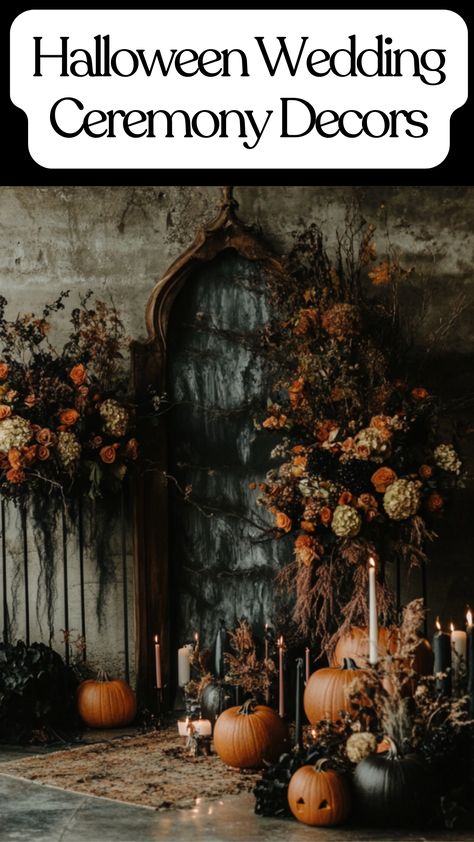 Easy DIY Halloween wedding ceremony setup with spooky décor, including pumpkins, candles, and dark floral arrangements, creating a magical and festive atmosphere. Halloween Wedding Ceremony, Diy Halloween Wedding, Gothic Fall Wedding, Halloween Wedding Reception, Horror Wedding, Easy Diy Ideas, Halloween Themed Wedding, Wedding Ceremony Ideas, Diy Wedding Backdrop