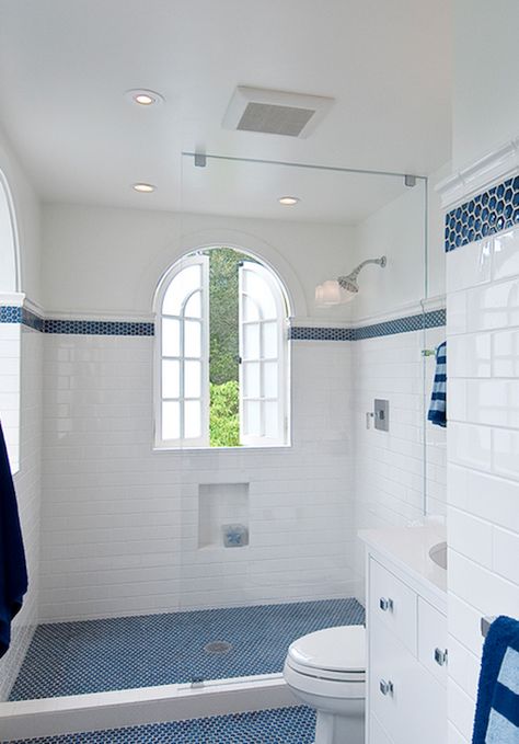 boys bath...high border and bold floor...like the dark blue it will mask boy dirt ;-) Blue Tiled Bathroom, Subway Tile Shower Designs, Penny Tiles Bathroom, Blue White Bathrooms, Dark Blue Bathrooms, White Subway Tile Bathroom, Blue And White Tile, Blue Bathrooms Designs, Tiled Bathroom