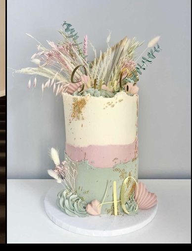 30th Birthday Cake Pink And Gold, Pastel Flower Cake Birthday, Pastel Colour Cake Birthday, Sage And Pink Cake, Dried Flower Cake Topper, Pastel Theme Cake, Sage And Gold Cake, Pink And Sage Baby Shower Ideas, Sage Green And Pink Cake