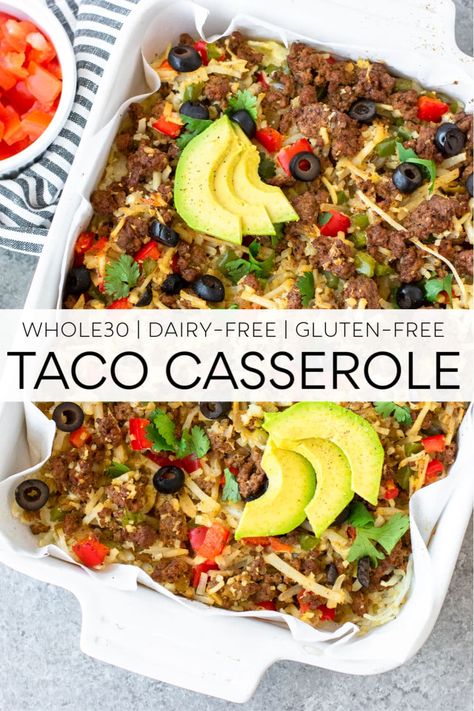 This spicy taco casserole recipe is easy and delicious! This meal is paleo friendly and Whole30 compliant. It's the perfect make ahead meal that the whole family will love! #paleorecipes #whole30recipes #tacocasserole #whole30 #paleo One Pan Whole 30 Meals, Whole 30 Casserole Recipes, Whole 30 Meals, Paleo Casserole, Paleo Tacos, Gluten Free Tacos, Whole 30 Meal Plan, Whole30 Dinners, Whole 30 Diet