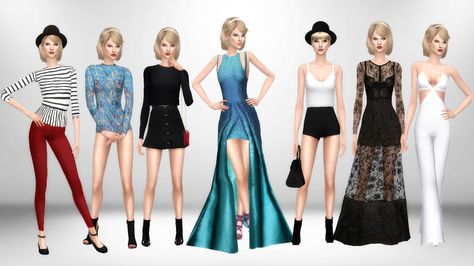 Taylor Swift Look Book TS4 Ts4 Taylor Swift Cc, Taylor Swift Sims 4 Cc, Sims 4 Outfits No Cc, Sims 4 Outfits, Y2k Outfits Pink, Sims Lookbook, Little Mermaid Outfit, Jedi Outfit, Taylor Swift Dress