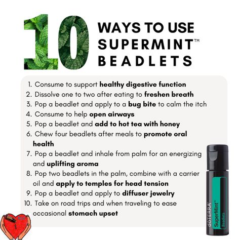 10 Reasons to Use Supermint Beadlets Need to place an order? Use this link: https://www.doterra.com/US/en/site/jamieeasterly Please connect with me if you have any questions or issues. jamieeasterly@essentiallifewithjamie.com #doTERRA #pureandnatural #selfcare #empowered #essentialoils #essentiallife #wellness #septermber #getreadyforfall #backtoschool #convention #newproducts #newyou Doterra Oils Recipes, Spearmint Essential Oil, Mental Focus, Doterra Oils, Live Happy, Doterra Essential Oils, Carrier Oils, 10 Reasons, Oil Recipes