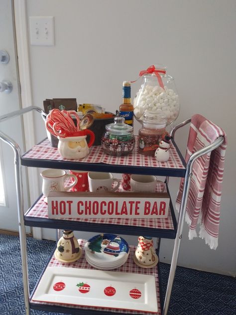 Kitchen Cart / Hot Chocolate Bar Hot Cocoa Bar Cart Ideas, Hot Coco Bar Cart, Hot Coco Cart, Christmas Snack Cart For Teachers, Coco Bar Ideas, Christmas Hot Chocolate Bar Kitchen, Hot Chocolate Cart, Hot Chocolate Bar Cart, Hot Cocoa Cart