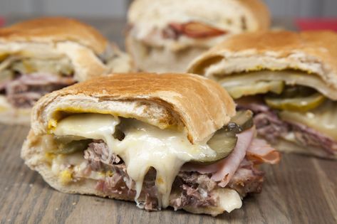 Cuban Sandwich Recipe, Leftover Pork Roast, Cuban Sandwiches, Cuban Bread, Roast Beef Sandwich, Bread Ideas, Croissant Sandwich, Sandwiches Wraps, Leftover Pork