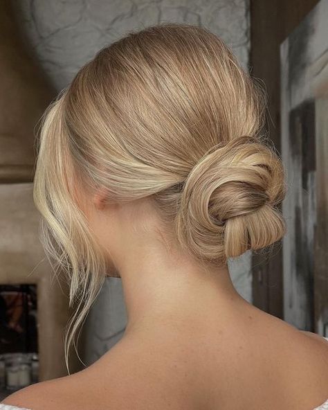 Blonde Bun Wedding Hair, Strapless Wedding Dress Updo, Bridal Hair Updo With Pearls, Low Bun Wedding Hair Bangs, Hair Up Vs Down For Wedding, Veil With Bun Bridal Hairstyles, Low Bride Bun, Bridal Loose Bun, Blonde Low Bun Wedding