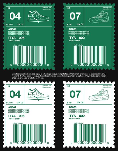 ITYA (Shoe packaging) on Behance Shoebox Design Packaging, Shoes Box Packaging Design, Shoe Tags Design, Shoe Branding Design, Shoe Brand Identity, Shoes Packaging Design, Packaging Stickers Label, Shipping Label Design, Sneaker Packaging