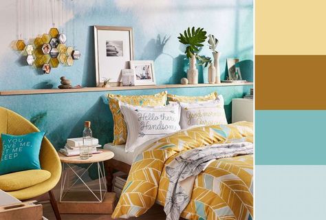 12 Gorgeous Yellow And Teal Bedroom Color Combinations Photos -  -  Check more at https://color-combination.com/12-gorgeous-yellow-and-teal-bedroom-color-combinations-photos/ Teal And Yellow Bedroom, Popular Bedroom Colors, Bedroom Teal, Bedroom Turquoise, Color Schemes Design, Daffodil Yellow, Bedroom Color Combination, Teal Bedroom, Bright Pillows