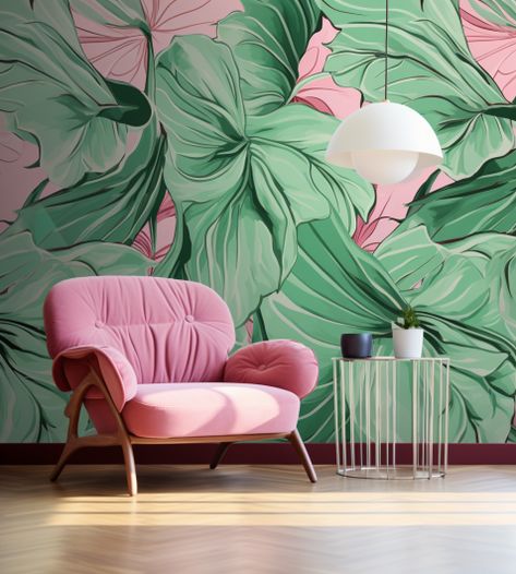 Green And Pink Office, Green Wallpaper Ideas, Pink Feature Wall, Casa Miami, Living Room Office Combo, Jungle Room Decor, Lady Lounge, Pink And Green Wallpaper, Maximalist Wallpaper