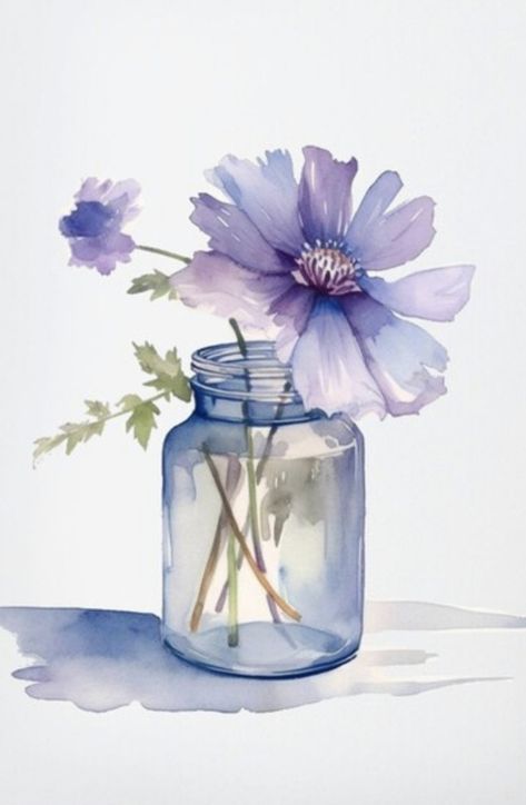 Watercolor Flowers In Jar, Flower Water Colour Drawing, Still Life Drawing Watercolors, Watercolor Illustration Art, Jar Watercolor Painting, Watercolor Flowers In Vase, Flowers Watercolor Paintings, Learn Watercolor Painting, Watercolor Art Journal