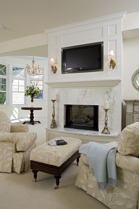 Avalon Place Luxury Home Living Room Photo 02 from houseplansandmore.com Raised Hearth, Marble Mantle, Fireplace Makeovers, Fireplace Marble, Flat Screen Tv, Hearth Room, Bedroom Fireplace, Fireplace Remodel, Fireplace Ideas